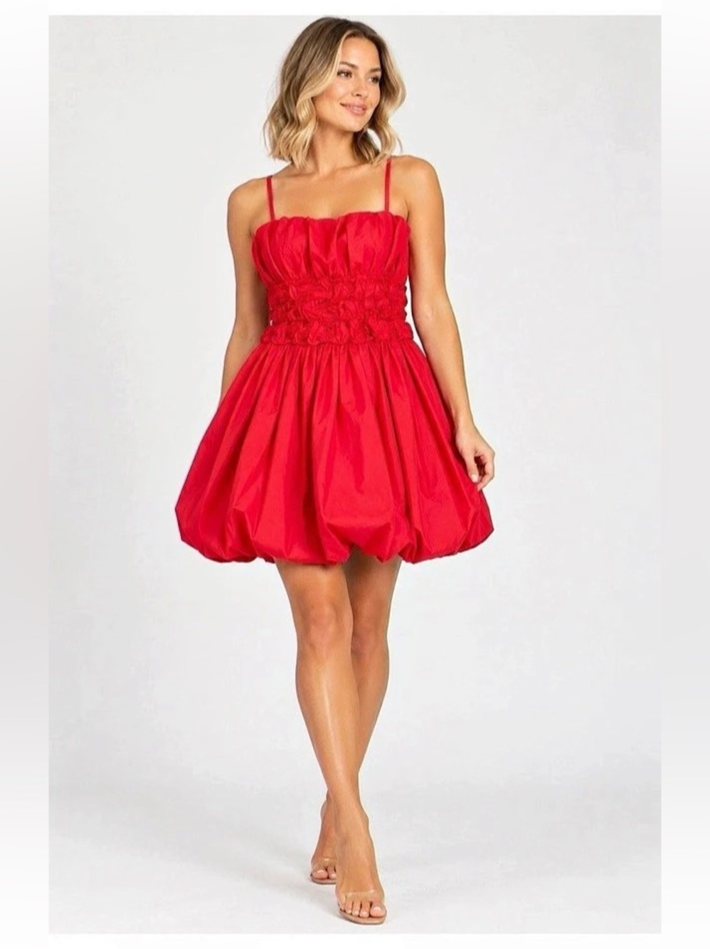 NWT PINCH Bubble Hem Mini Dress Red Large L Ruffle Shirred Waist 5858D Cotton